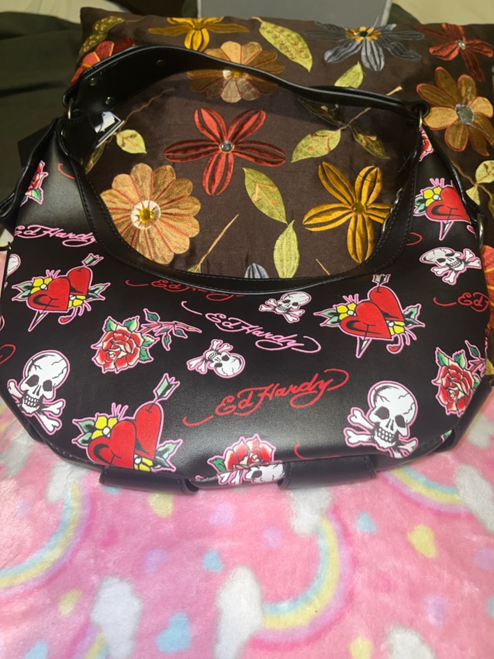 Ed Hardy Black Shoulder Bag with Red & Pink Tattoo Motifs